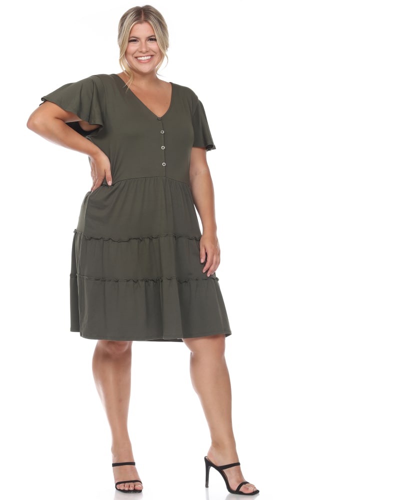 Front of a model wearing a size 2X Short Sleeve V-neck Tiered Midi Dress in Olive by White Mark. | dia_product_style_image_id:246974
